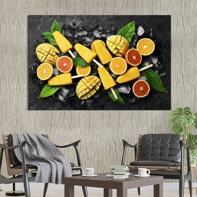 Картина еда картина для кухни кафе бара Мороженное с фруктами на черной поверхности 51x34 см (1641-1) 1641-1_М фото