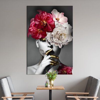 Картина в офис Загадочная девушка в золотой краске с цветами 51x34 см (2art_106) 2art_106_M фото