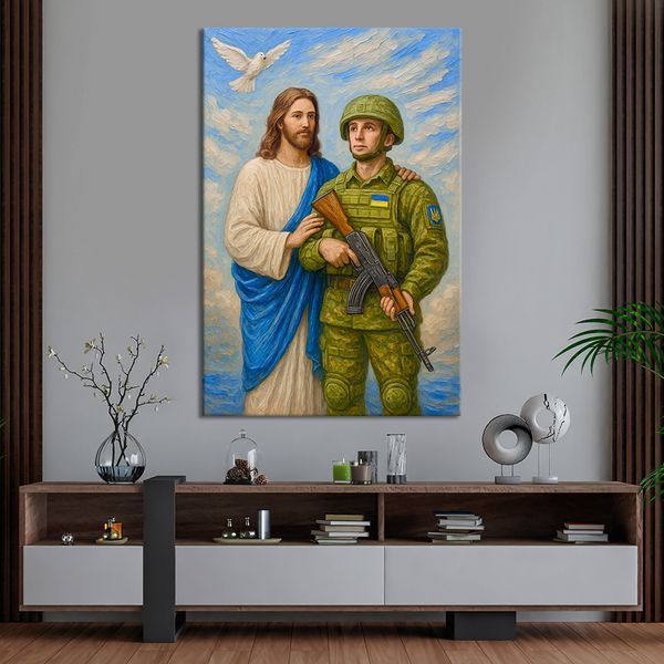 Картина на холсте икона Иисус с украинским воином 51x34 см (21MREL_M) (21MREL_M) фото