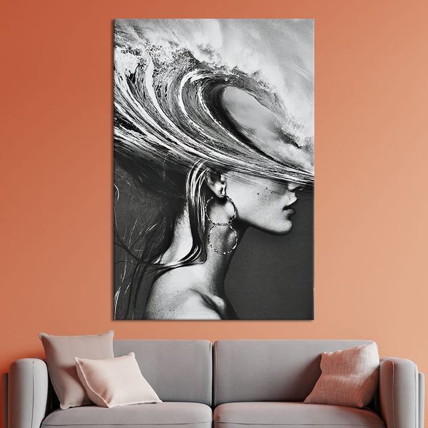 Картина в офис Чёрно-белая абстракция девушка и море 51x34 см (2art_32) 2art_32_M фото